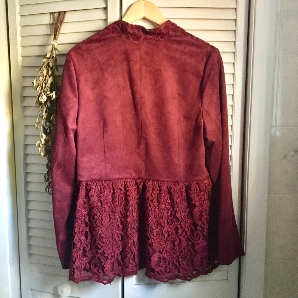 {Chico's} Cranberry Peplum Lace Overlay Jacket, L - Picture 7 of 8